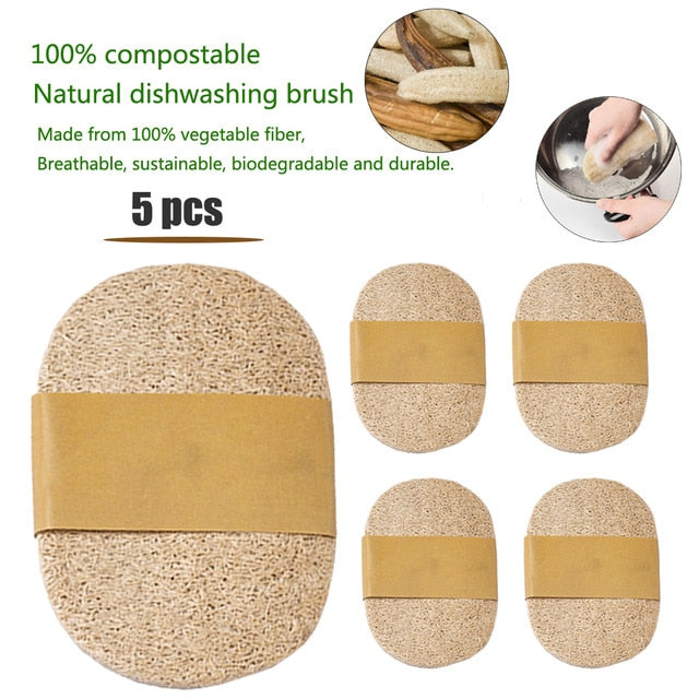 Tableware Cleaning Wooden Long Round Handle Brush Natural Loofah Brush Kitchen Cleaner Supplies